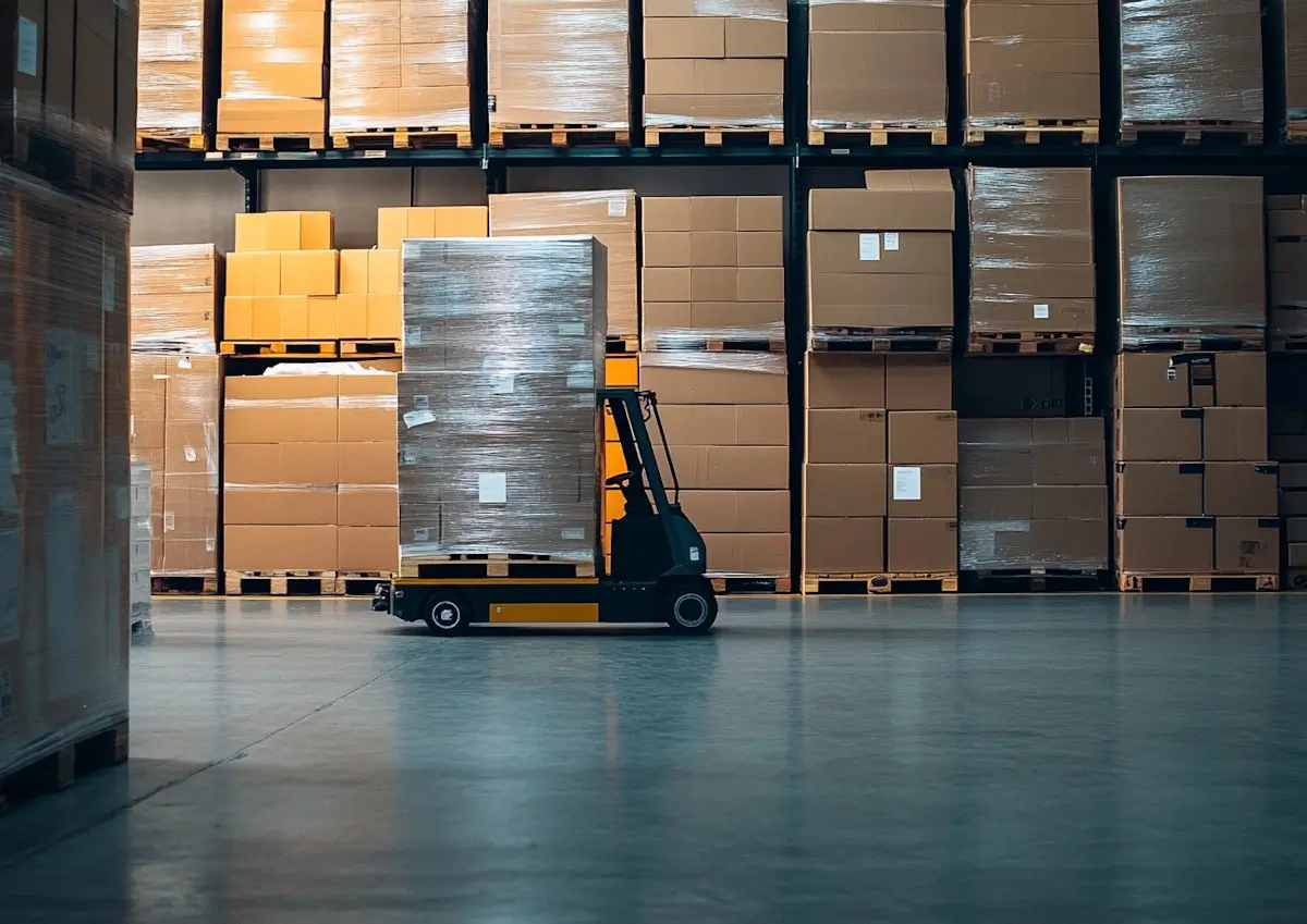 Warehouse with stacked boxes